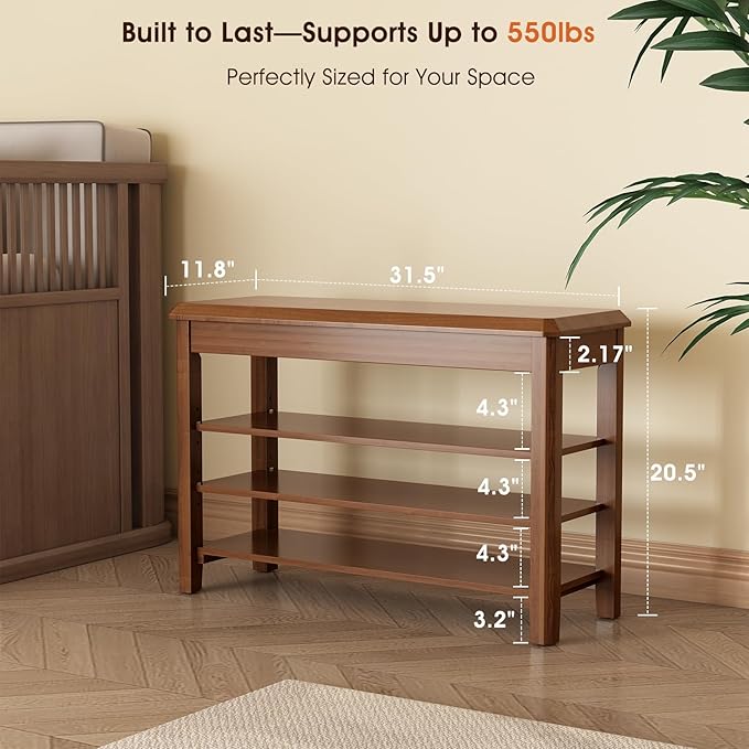 Shoe Rack Bench Seat Rubberwood 3-Tier Wooden Storage Bench 550lbs Compact Mi...