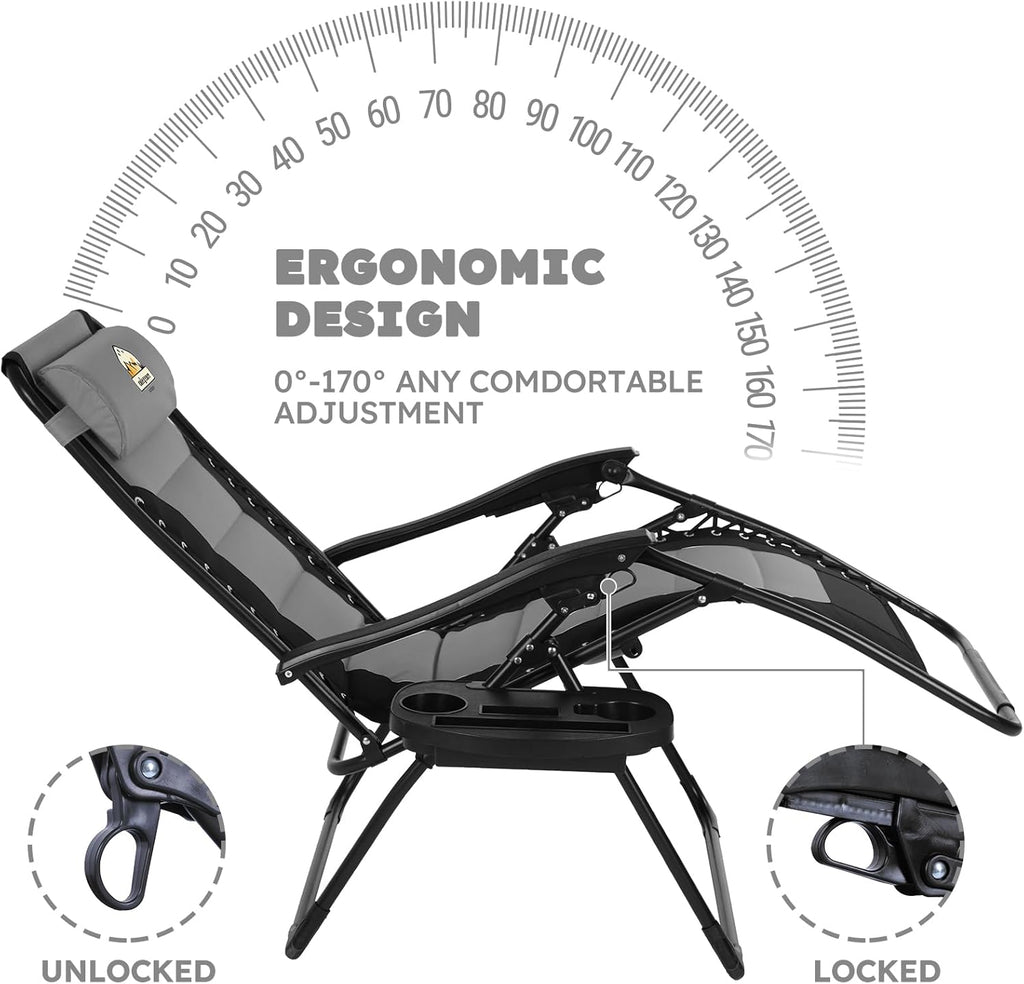 Colegence Oversized Padded Zero Gravity Lounge Chair, Foldable Patio Anti Gravity Reclining Chairs Folding Lawn Recliner with Cup Holder for Yard, Camping, Outdoor, Support 350 LBS, Black