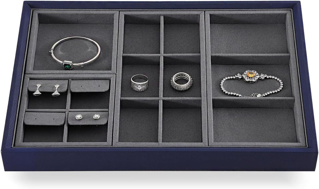 Dark Blue Jewelry Display Tray Ring Necklace Earring Bangle Organizer Multifunctional Storage Case for Jewelry Showcase (Long 3 Grids Tray)