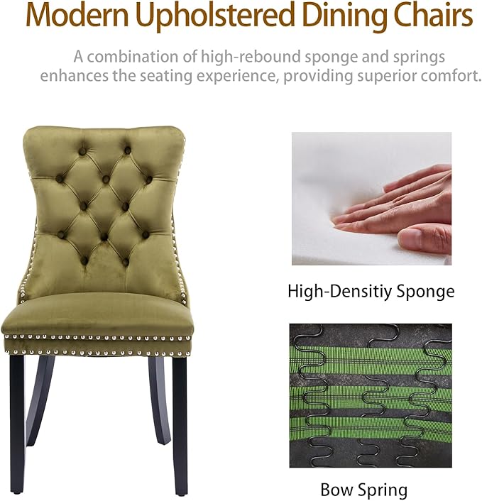 Velvet Kitchen Chairs Set of 6, Tufted Upholstered Dining Room Chairs with Back Ring Pull, Nailhead Trim and Solid Wood Legs, Modern Dining Chairs for Dining Room, Kitchen,Olive Green