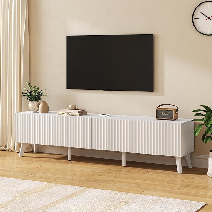 70.9” TV Stand for TVs up to 70,TV Console with Two Storage Compartments, Modern Entertainment Center with 6 Supporting Legs and Grooved Drawer Fronts, TV Stand for Living Room, Bedroom, White