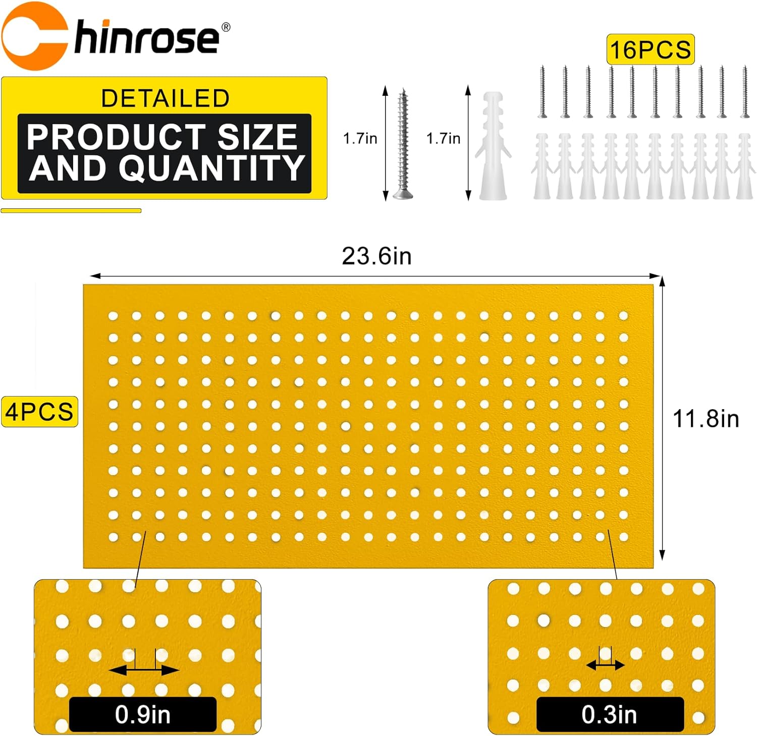 Metal Peg Board Panels for Workbench, Shop, Shed Modular Peg Board Organizer Board Kit, pegboard Wall Organizer(4 Pack, Yellow)