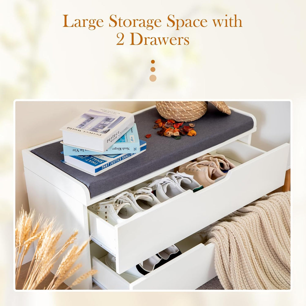 MFSTUDIO Large Shoe Storage Bench, White Wood Shoe Entryway Bench with Seatin...