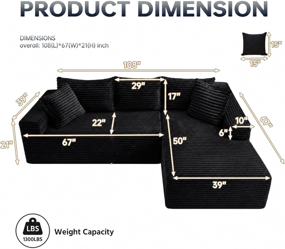 108" Modular Sectional Cloud Couch for Living Room Deep Seat L Shapes Co...