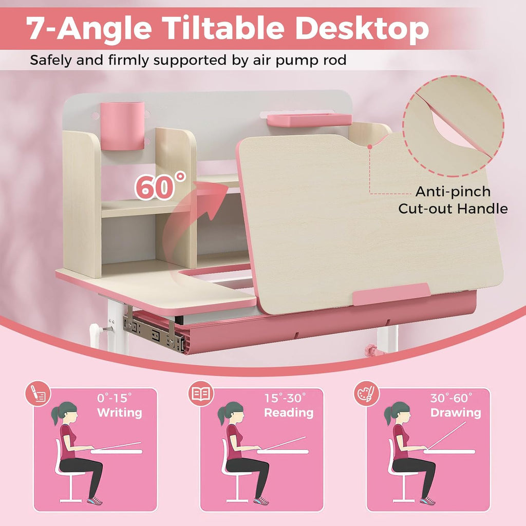 HONEY JOY Kids Desk, Children School Study Desk w/ 7-Level Tiltable Desktop, Height Adjustable Table w/Bookshelf, Pull-Out Drawer & Pen Holder, Student Writing Workstation, Desk for Girls Boys (Pink)