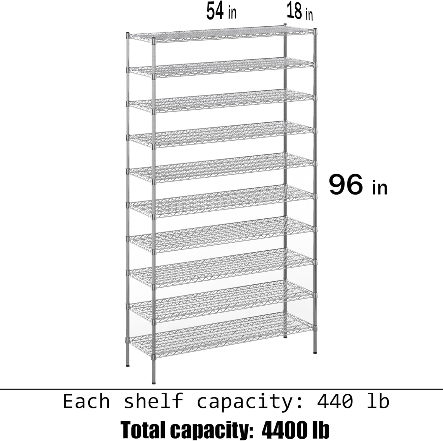 18" Deep x 54" Wide x 96" Height Wire Shelving Kit | 10-Tier | NSF Commercial Storage Rack Unit