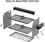 CCCEI Modular Power Tool Organizer Wall Mount with Charging Station. Garage Drill Storage Shelf with Hooks, Heavy Duty Rack, Tool Battery Holder Built in 8 Outlet. Gift for Men. Grey, 2 Pack.