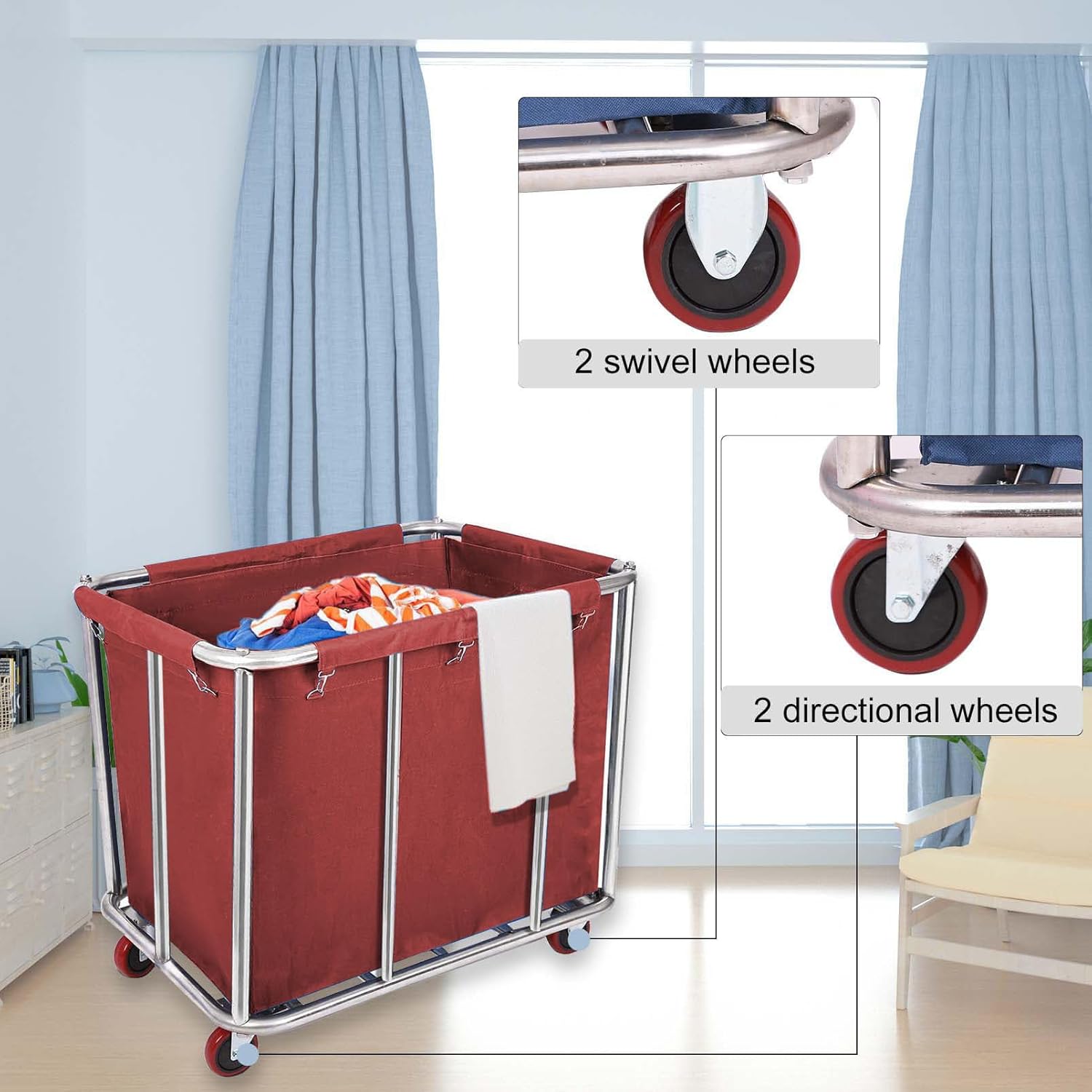 12 Bushels Laundry Cart for Commercial/Home,Heavy Duty Large Stainless Steel Rolling Laundry Basket with Wheels，for Hotel, School, Laundry,260LBS Load