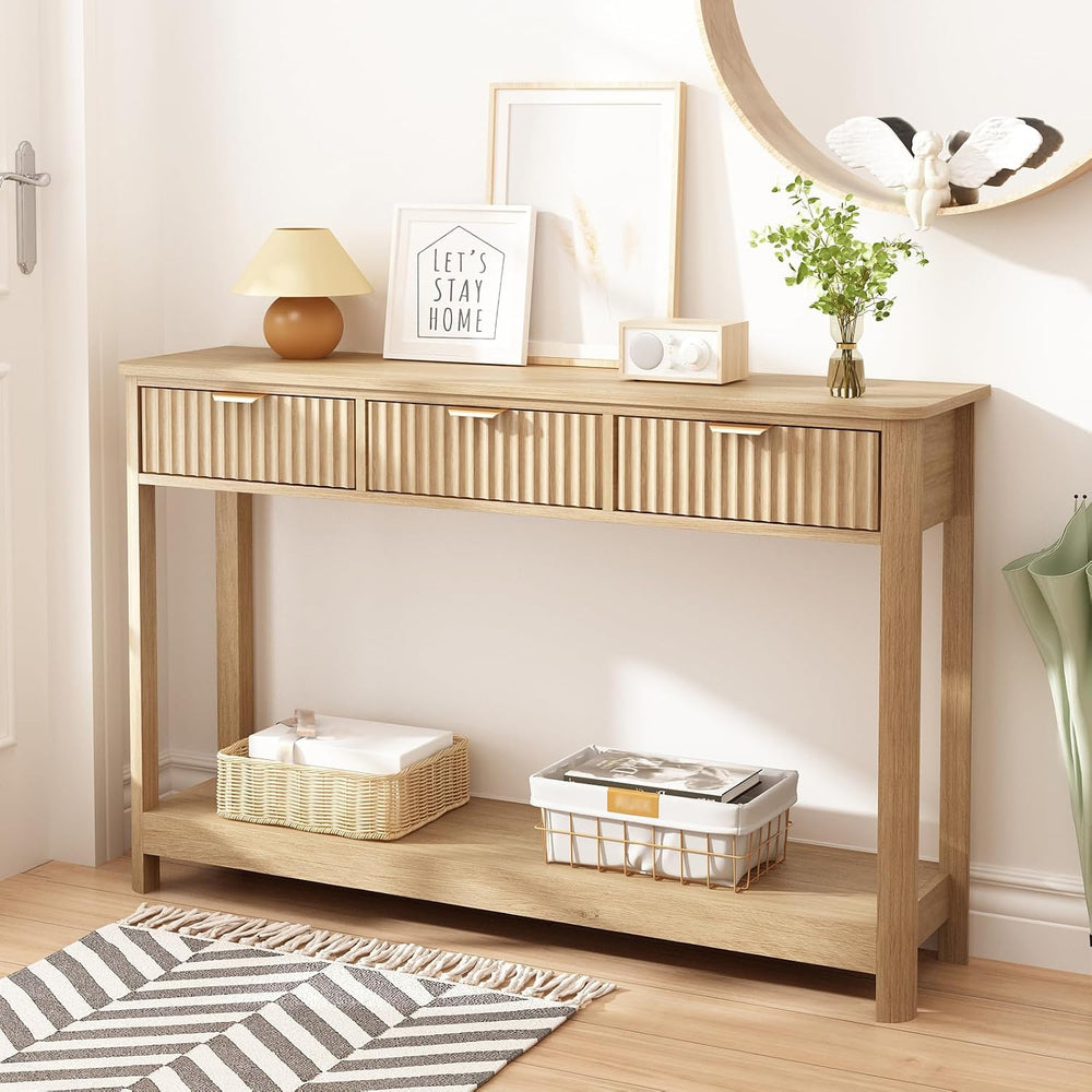HOKYHOKY Fluted Console Table with Drawers, 47.1" Entryway Table, Natural