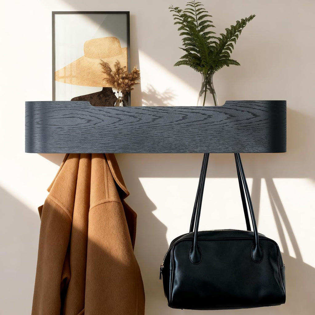Wall Coat Rack Floating Shelves Modern Coat Rack Wall Mount with Storage Entryway Shelf Wooden Hanger 20 Inch 4 Hidden Metal Hooks for Living Room Bedroom (Black, 5 Hooks)