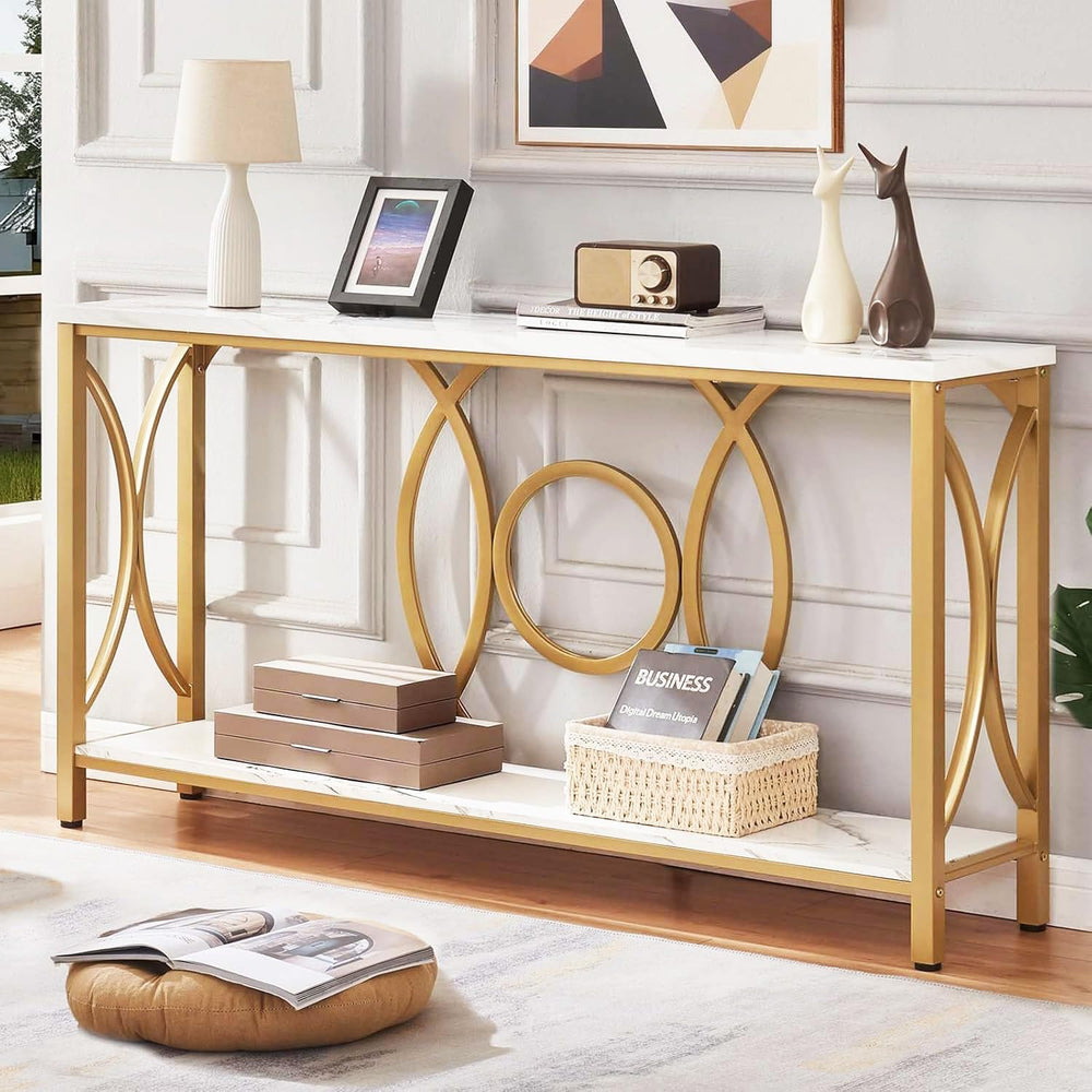 HOMISSUE Sofa Console Table, Modern Gold Console Table with Faux Marbled Tabl...