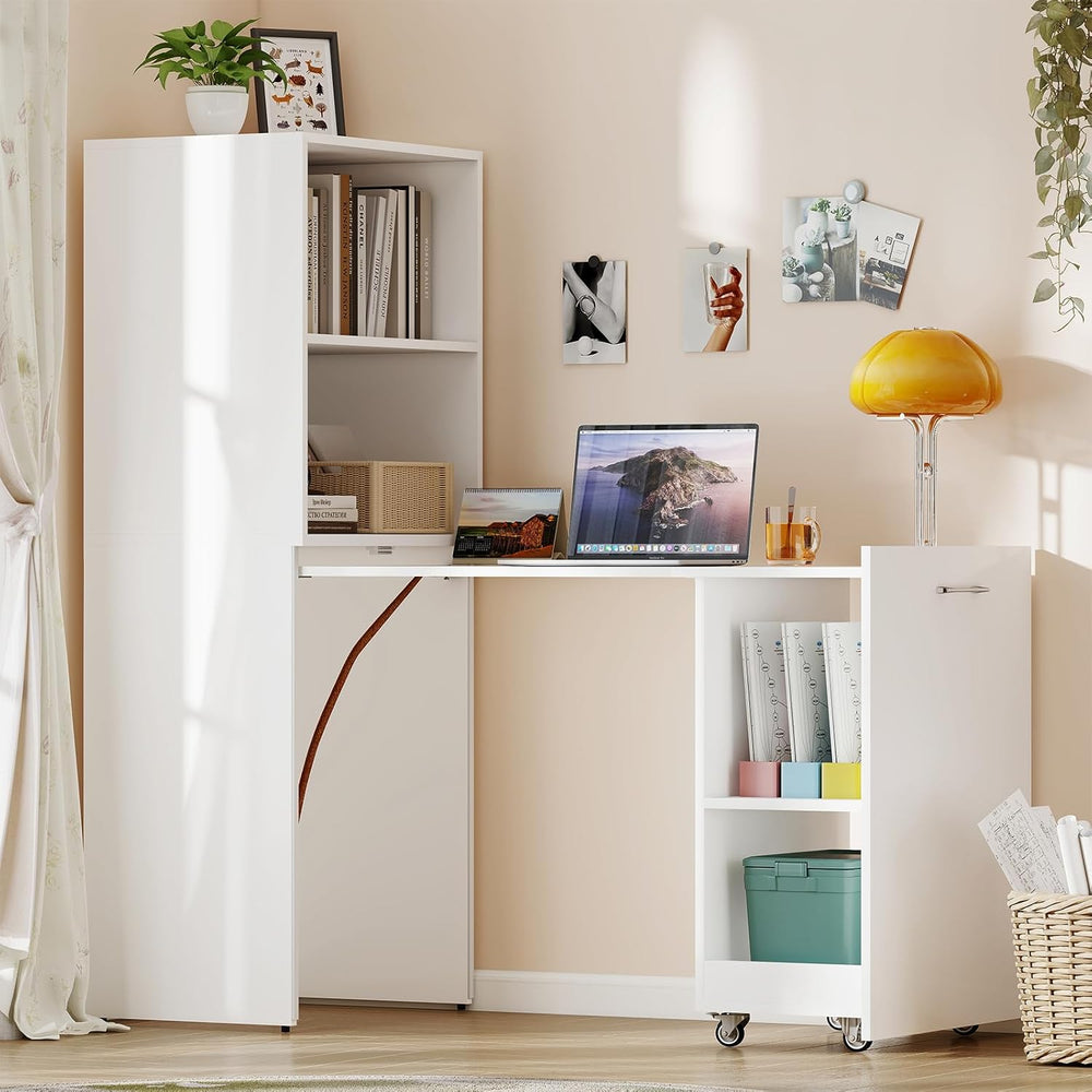 Zevemomo Folding Desk, Convertible Table with Shelves & Wheels - White