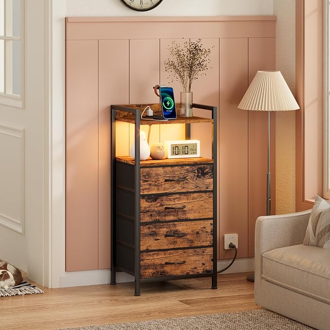 Furnulem Night Stand with Charging Station and Led Light, 4 Drawer Dresser fo...