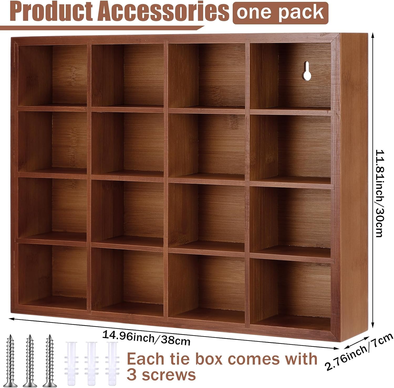 Wesiti Tie Box Organizer Wall Mounted Tie Rack with 16 Compartments Bamboo Belt Holder for Men Scarf Necktie Home Wall Closet (Dark Brown Color,1 Piece)