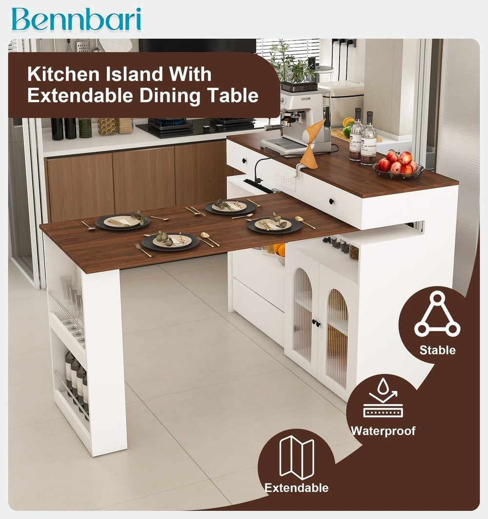 Retro Kitchen Island with Extendable Rotating Tabletop, Power Outlets, Glass ...