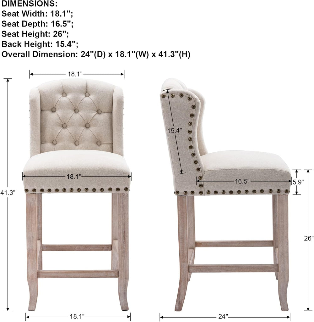 DUOMAY Tufted 26 Inch Counter Height Bar Stools Set of 2, Linen Upholstered C...