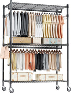 Homdox 3 Tier Heavy Duty Garment Rack with Wheels, Adjustable Wire Clothes Rack with Double Hanging Rods, Portable Closets for Hanging Clothes with Side Hooks, Black