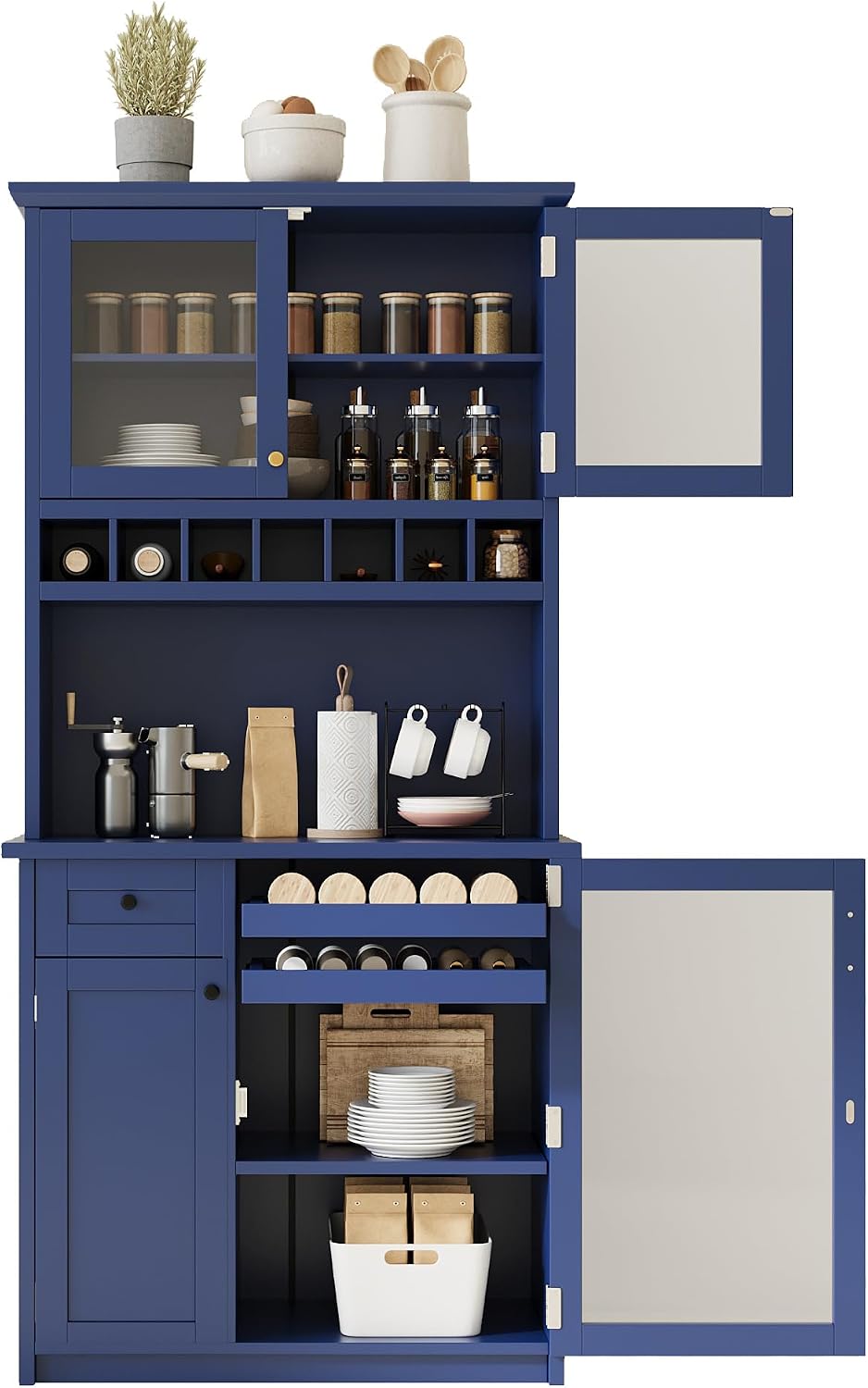 35.4''W Farmhouse Kitchen Pantry with Hutch, Freestanding Sideboard B...