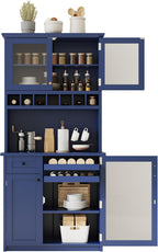 35.4''W Farmhouse Kitchen Pantry with Hutch, Freestanding Sideboard Buffet Cabinet with Wine Rack and Adjustable Shelves, Tall Pantry Storage Cabinet for Dining Room Kitchen, Blue