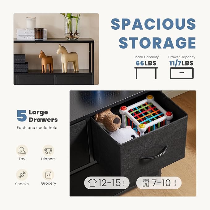 DUMOS TV Stand, Dresser with 5 Fabric Storage Drawers, Media Console Featurin...