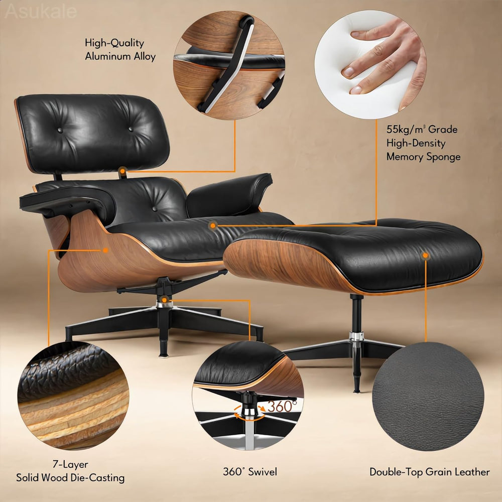 Top Grain Leather, Mid Century Chaise Lounge Chair Indoor, Chair with Ottoman...