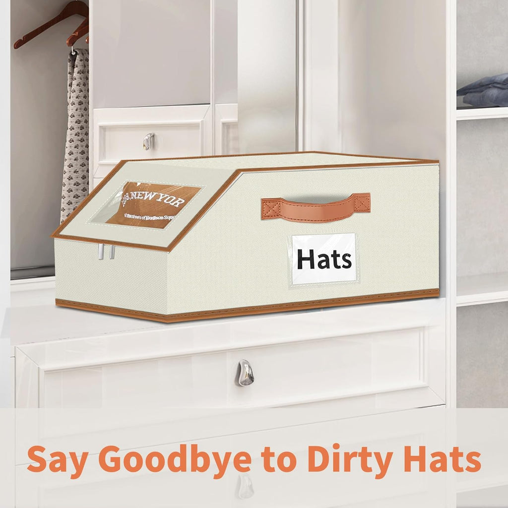 Hat Organizer for Baseball Caps - 2PCS Stackable Storage with Clear Window Lid, Flip-Top Access, Space-Saving Hat Box for Closet, Breathable Fabric (beige with brown)