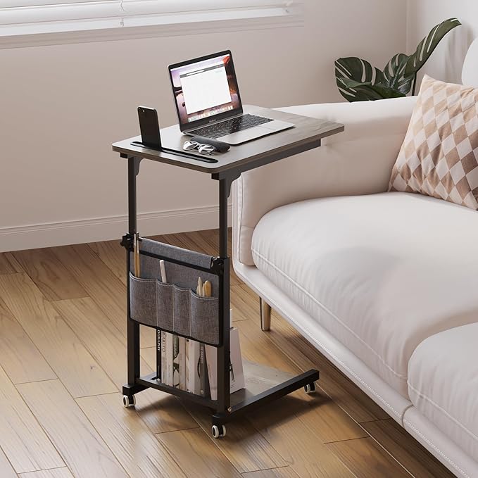 Adjustable Height Overbed Table, Sofa Side Bedside C Table with Wheels, Hospital Bed Table Rolling Tray with Storage, Mobile Computer Desk Laptop Table for Home Use with Side Pocket