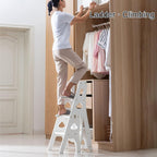 Foldable Wooden Library Ladder Chair with Storage Shelf 3 in 1 Multifunctional Display Ladder White 331lbs Capacity