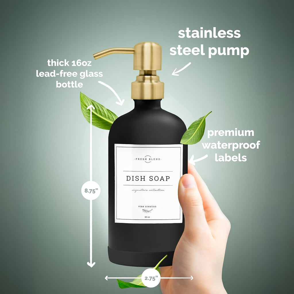Vine Creations Black Glass Soap Dispenser, 2 Pack Kitchen Soap Dispenser Set with Stainless Steel Pump, 16 oz Dish Soap and Hand Soap Dispensers for Bathroom with Waterproof Labels