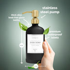 Vine Creations Black Glass Soap Dispenser, 2 Pack Kitchen Soap Dispenser Set with Stainless Steel Pump, 16 oz Dish Soap and Hand Soap Dispensers for Bathroom with Waterproof Labels