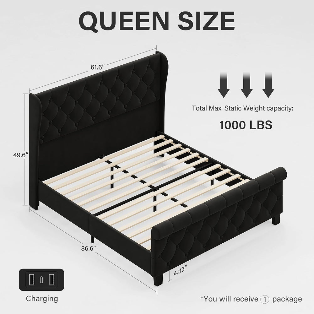 Queen Size Bed Frame with Headboard, Velvet Upholstered Bed Frame