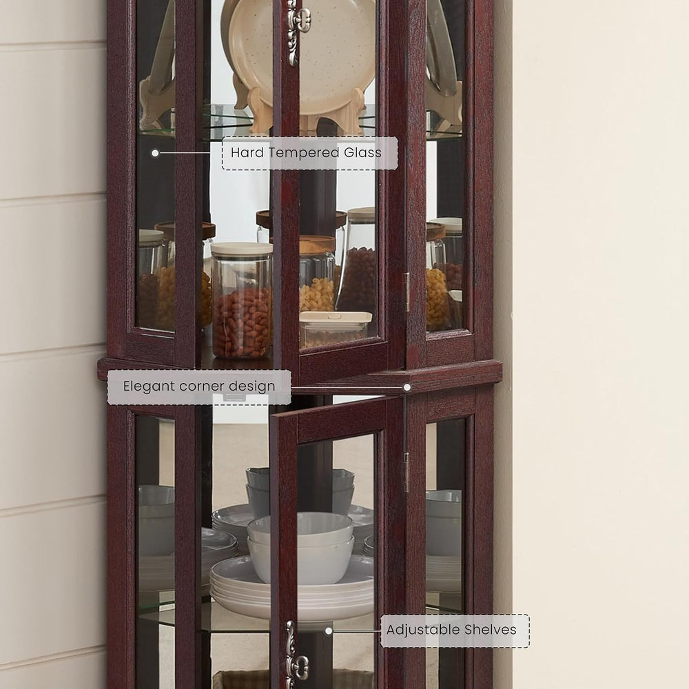 Lighted Corner Curio Cabinet 70.5" Tall Wooden China Cabinet with Temper...