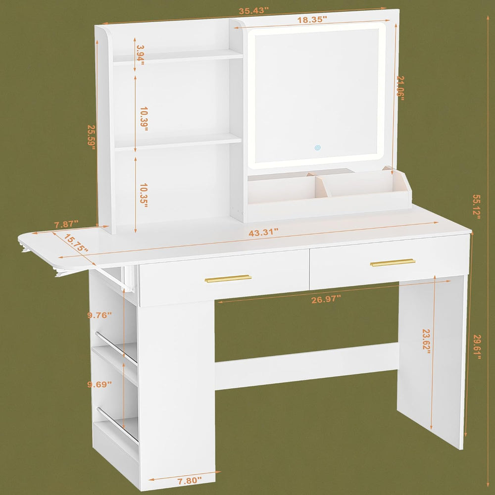 ERLEJIA Vanity Desk with Mirror and Lights, 43.31" Makeup Table Without ...