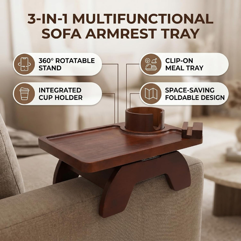 Wood Sofa Arm Tray Table, Couch Armrest Table with Cup Holder, Phone Stand, Clip On Sofas Couch Arm Trays for Snacks Drinks Remote Control (Brown)