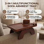 Wood Sofa Arm Tray Table, Couch Armrest Table with Cup Holder, Phone Stand, Clip On Sofas Couch Arm Trays for Snacks Drinks Remote Control (Brown)