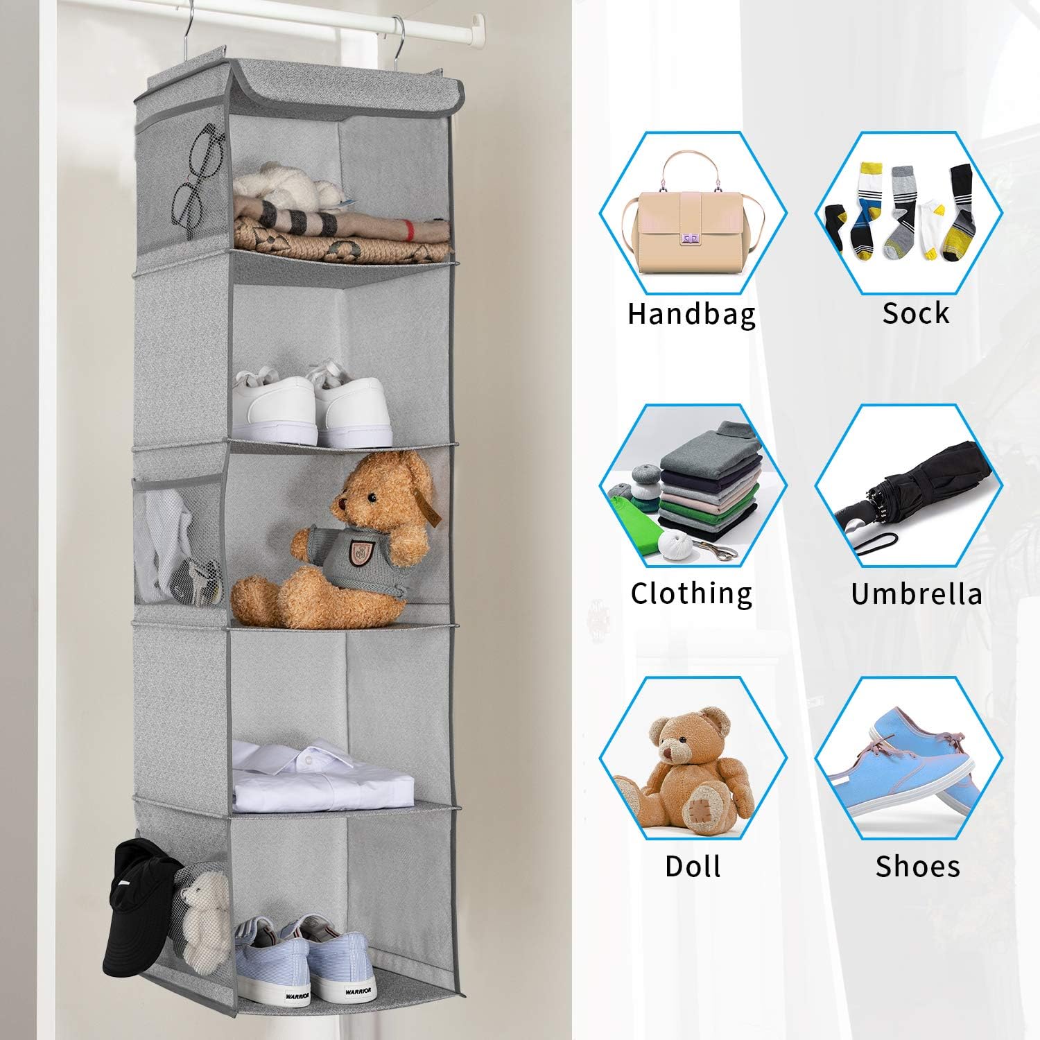 5 Shelves Hanging Closet Organizer, 2 Pack Hanging Storage with 6 Side Pockets for Clothes Bags, 43"x12"x12"(Light Gray)