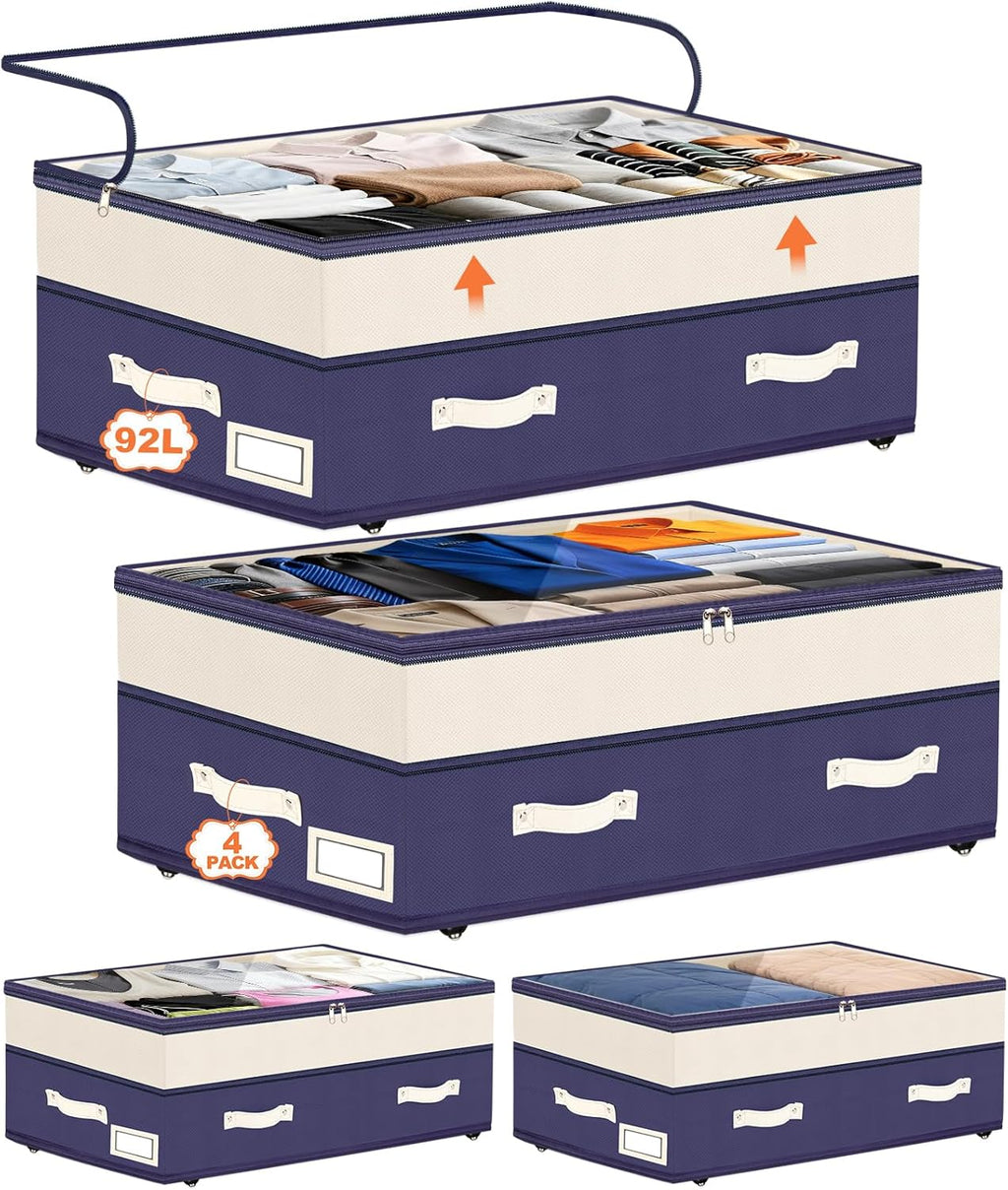 Dolicer 4 Pack Under Bed Storage with Wheels, 6in-10in Height Adjustable Underbed Storage Containers, 92L XXXL Under Bed Drawers Rolling Bin with Clear Lids for Dorm Shoes Clothes Organizers(Blue)