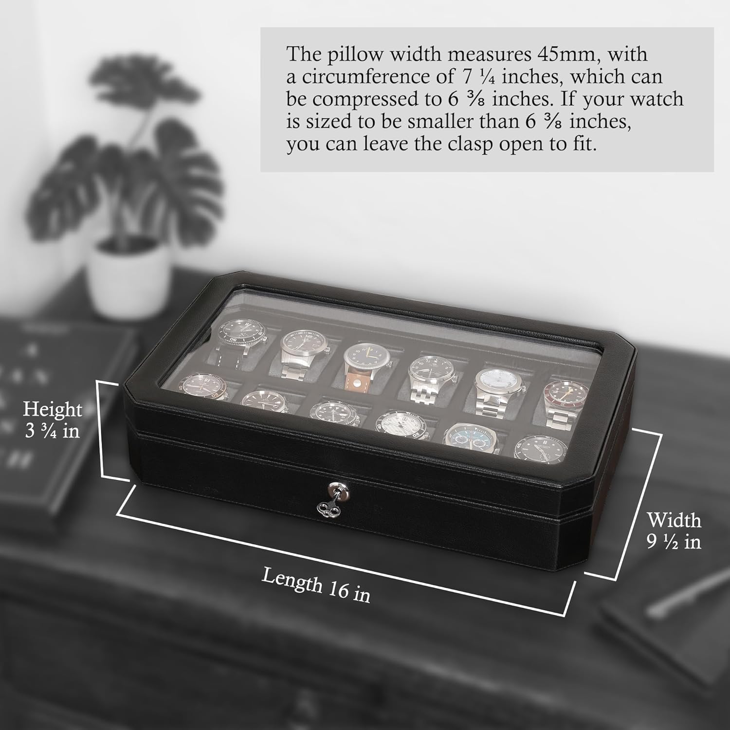 ROTHWELL 12 Slot Leather Watch Box for Men - Luxury Case Display Jewelry Organizer with Microsuede Liner - Travel Jewelry Case for Mens Accessories, Travel Organizer (Black & Grey)