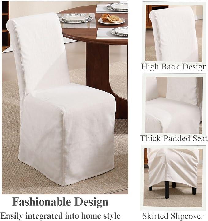 Slipcovered Dining Chairs Set of 6, Parsons Dining Chair with Removable Skirte Upholstered Linen Fabric Kitchen Chairs for Dining/Living Room, Banquet, Solid Wood, Beige