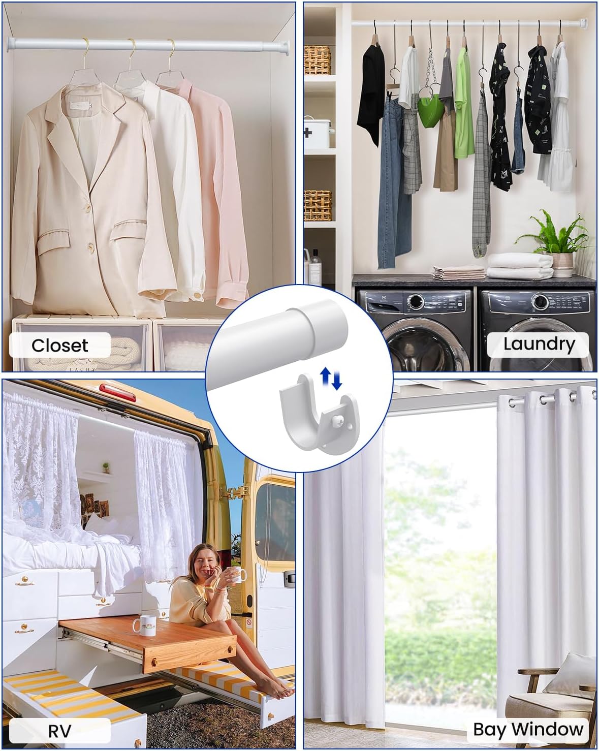 Closet Rods for Hanging Clothes, 17 to 99 Inches Stepless Adjustable Metal Closet Rod, 1.3 Inches Heavy Duty Clothes Hanging Rod for Closet Wardrobes Laundry RV, White