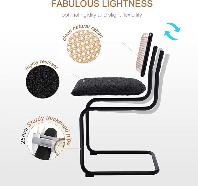 Zesthouse Natural Rattan Dining Chairs Set of 4, Modern Kitchen Chairs with Solid Wood Back for Dining Room Living Room, Mid Century Breuer Design Inspired, Upholstered Boule Fabric, Black