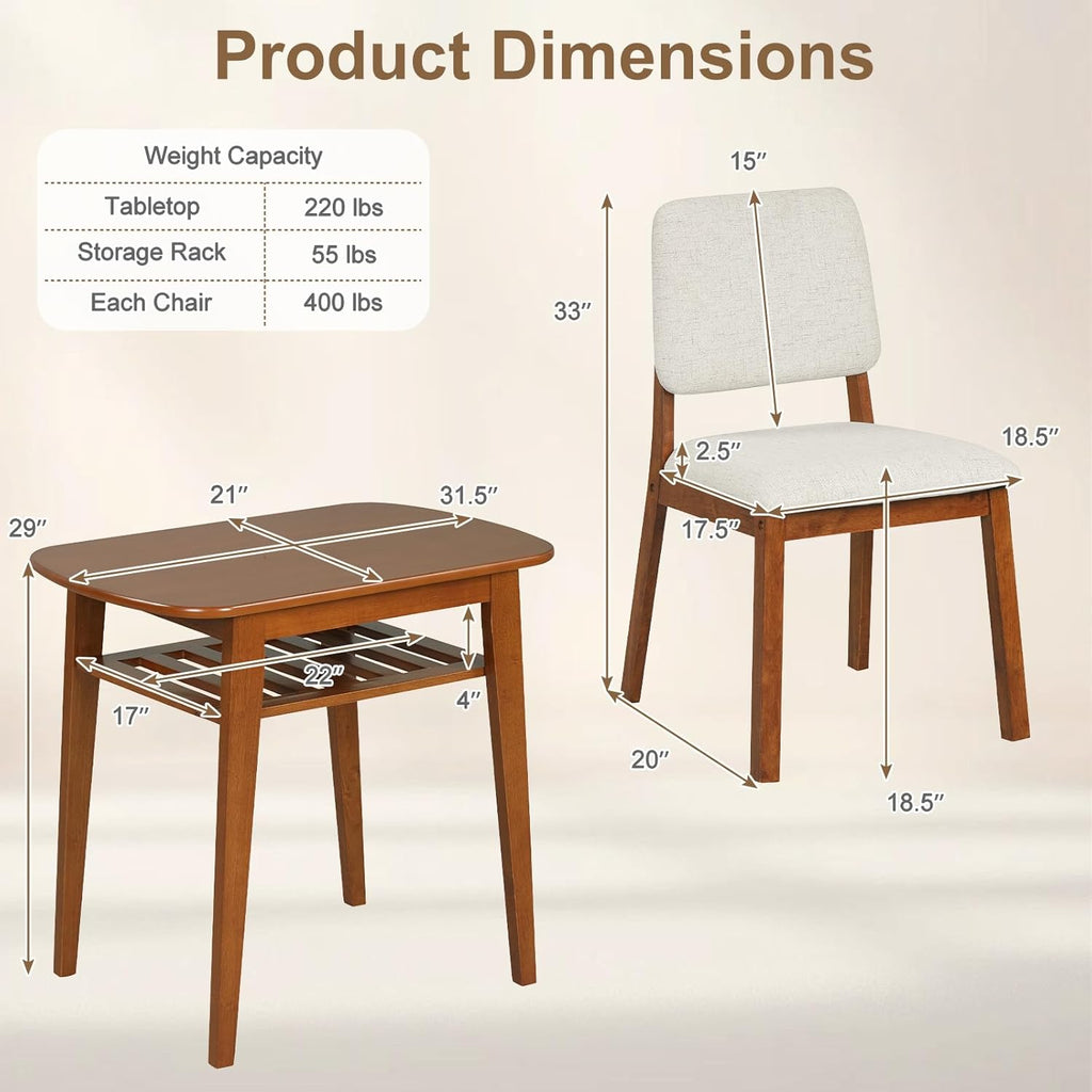 Giantex Dining Table Set for 2, Space Saving Kitchen Table and Chairs Set w/Rubber Wood Frame, Storage Rack, Padded Seats & Backrests, Dinette Set for Small Space, Apartment, Dining Room, Walnut