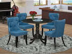 East West Furniture DLSI5-ABK-21 5 Piece Kitchen Table & Chairs Set Includes a Round Dining Room Table with Dropleaf and 4 Blue Linen Fabric Upholstered Chairs, 42x42 Inch, Wirebrushed Black