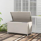 MIRADOR 134 Gallon Outdoor Storage Box Waterproof, Metal Deck Box with wheels for Patio Furniture, Garden Tools, Outdoor Cushion, Latte