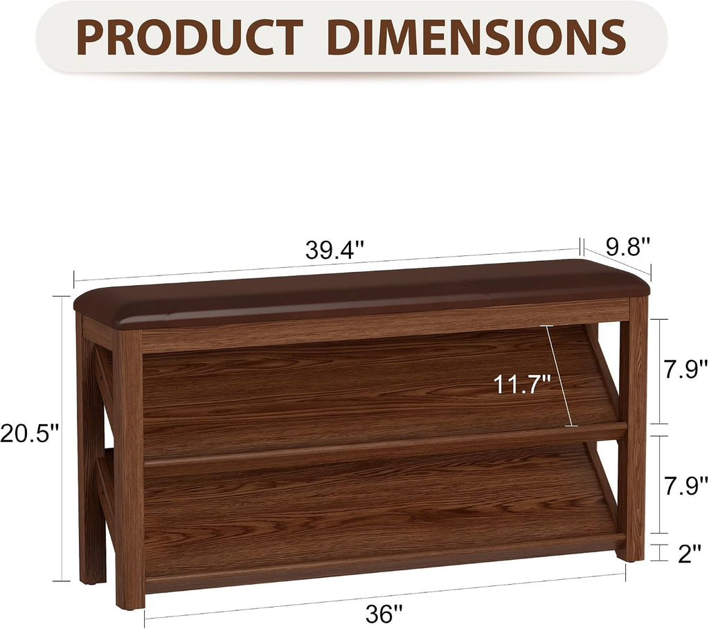 AQIMUELE Rubberwood Shoe Bench with Leather Cushion and Slanted Shelves | Solid Wood Shoe Storage Bench with 2 Tier Shelves and Anti-slip Foot Pads,Shoe Rack for Entryway,Hallway,Living Room,Walnut