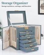 TORIBIO Large Jewelry Box for Women, Leather Jewelry Organizer with Mirror & Lock, 6-Tier Jewelry Storage Case for Girls/Women/Mothers, Necklace Earring Bracelets Holder Organizer, Grey Blue