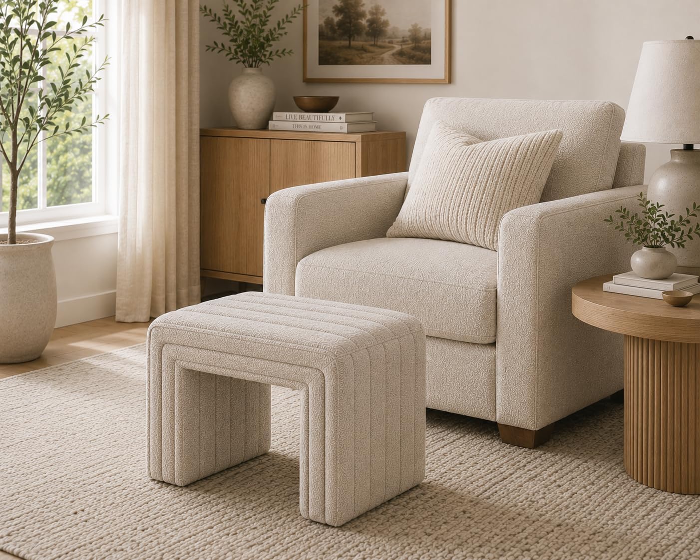 Modern Boucle Ottoman, Upholstered Arch Footstool Extra Seat for Makeup Room, Living Room & Entryway, Fully Assembled Vanity Stool – Camel Brown