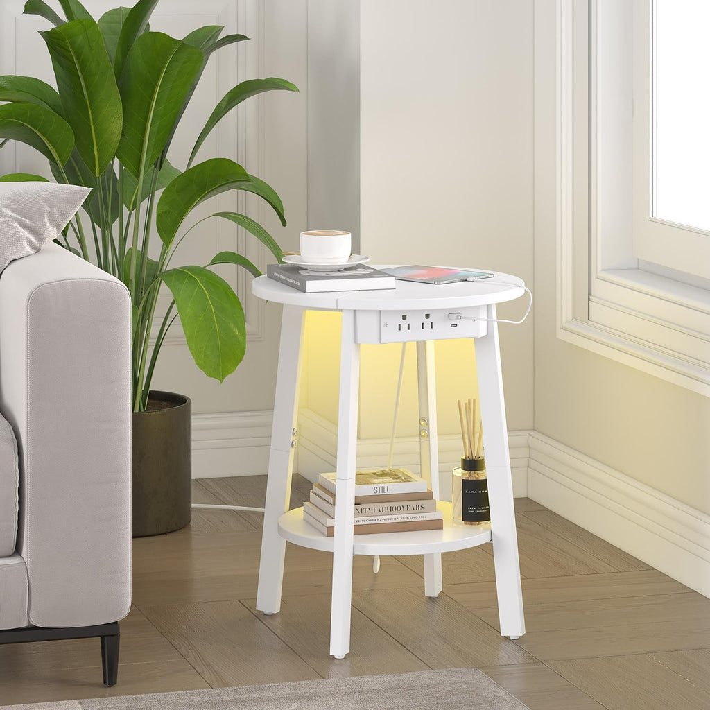 sthmec Round End Table with Charging Station, White LED Small Side Table for Small Space, USB Power Oulets & LED Strip, 2-Tier Round Accent Table Couch Sofa Nighstands for Living Room, Bedroom, White