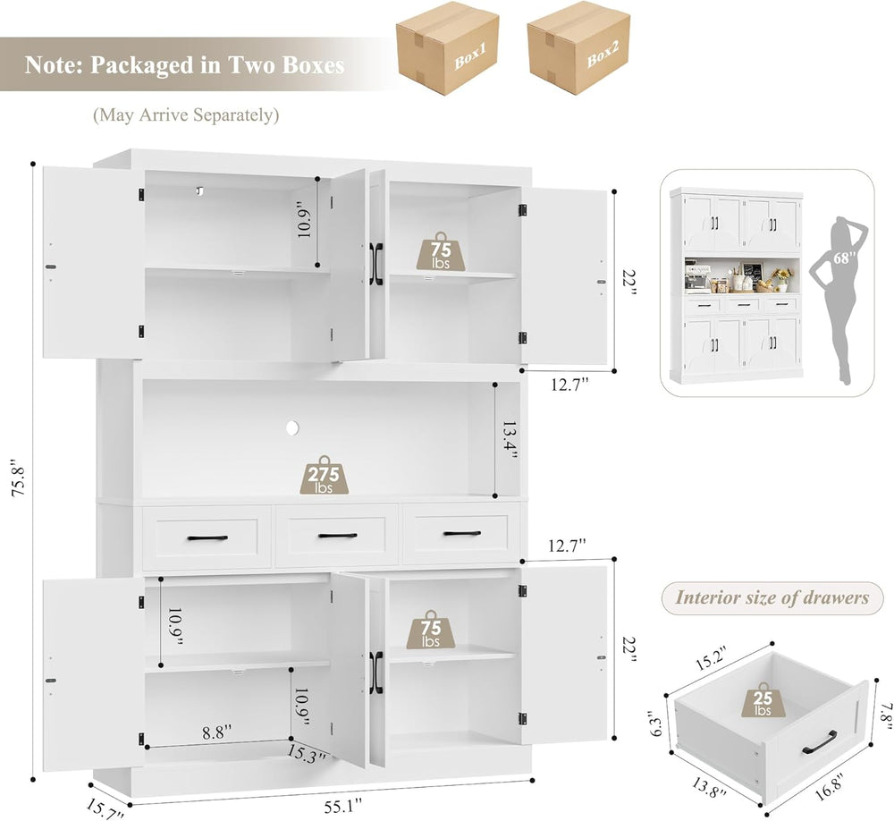 HITHOS 55“W Kitchen Pantry Cabinet, 76" Tall Hutch Storage Cabinet, Whit...