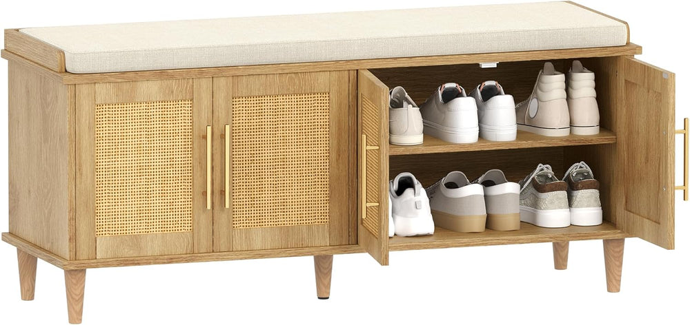 Akxomel 47.2" Rattan Shoe Storage Bench 4 Doors Wooden Entryway Bench Oa...